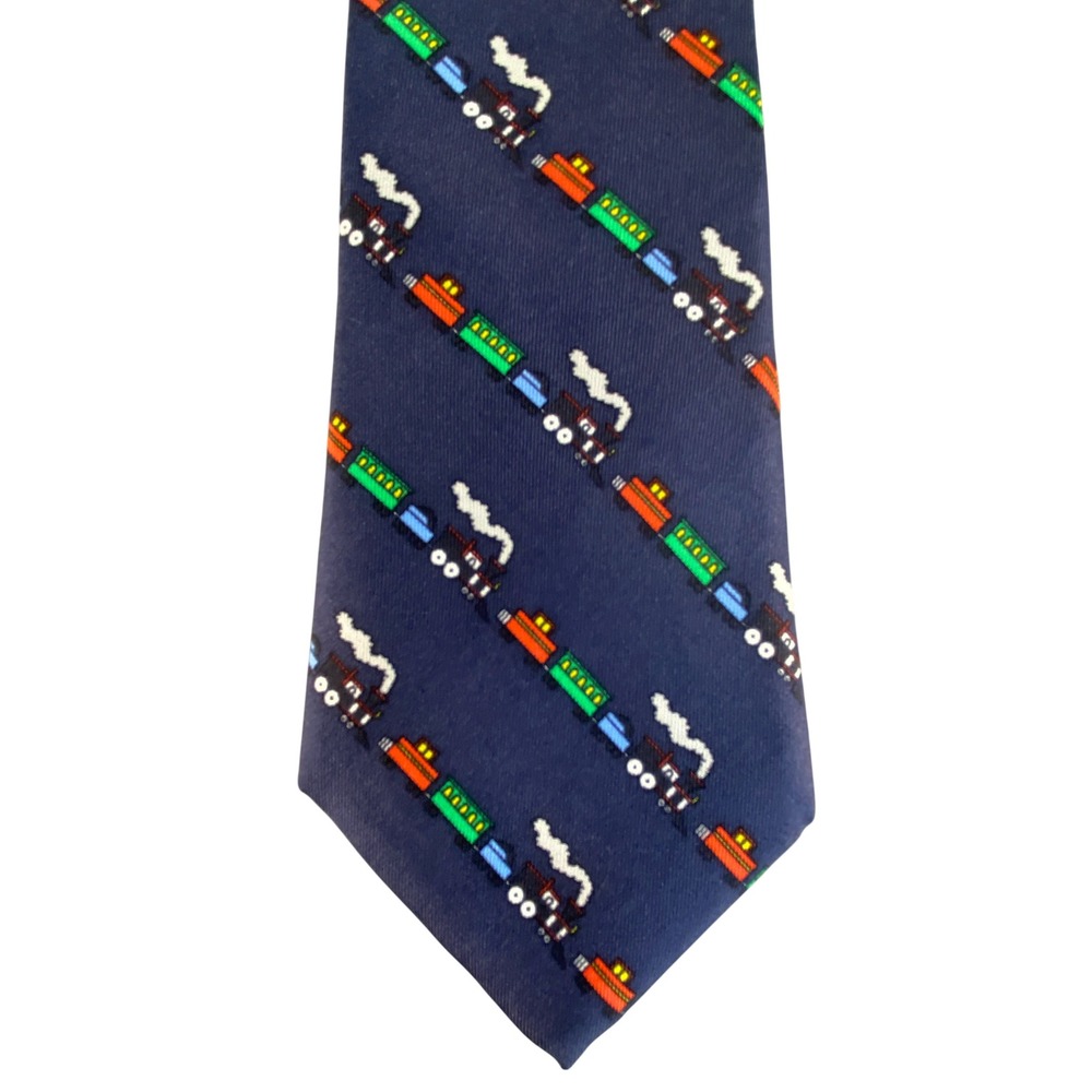 VTG Horchow Silk Tie Mens Navy Blue Steam Train Locomotive Railroad Novelty 57x3